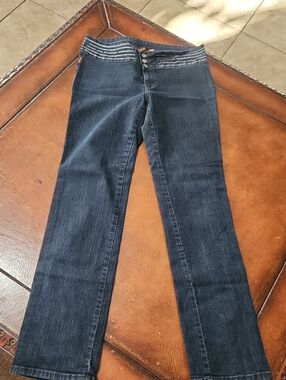 Dark Indigo Women's Straight Leg Jeans with Embellished Waistband